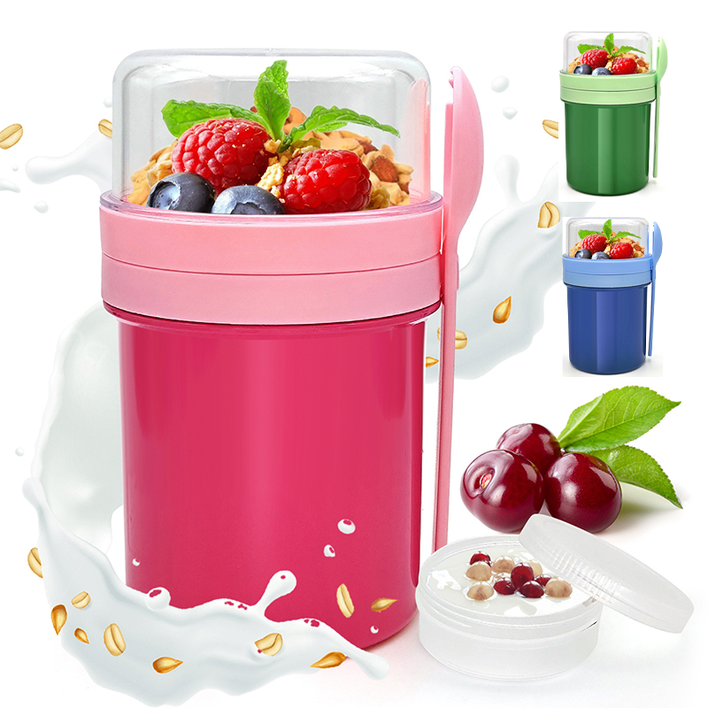 Food Storage Plastic Container - كوب محمول مزدوج الطبقات للشوفان الليلي،