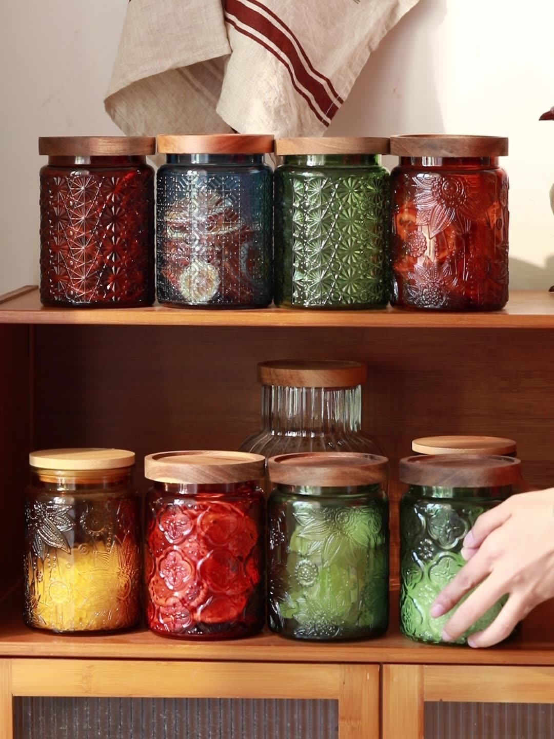 Food Storage For Pantry - برطمان تخزين زجاجي بغطاء خشبي ،